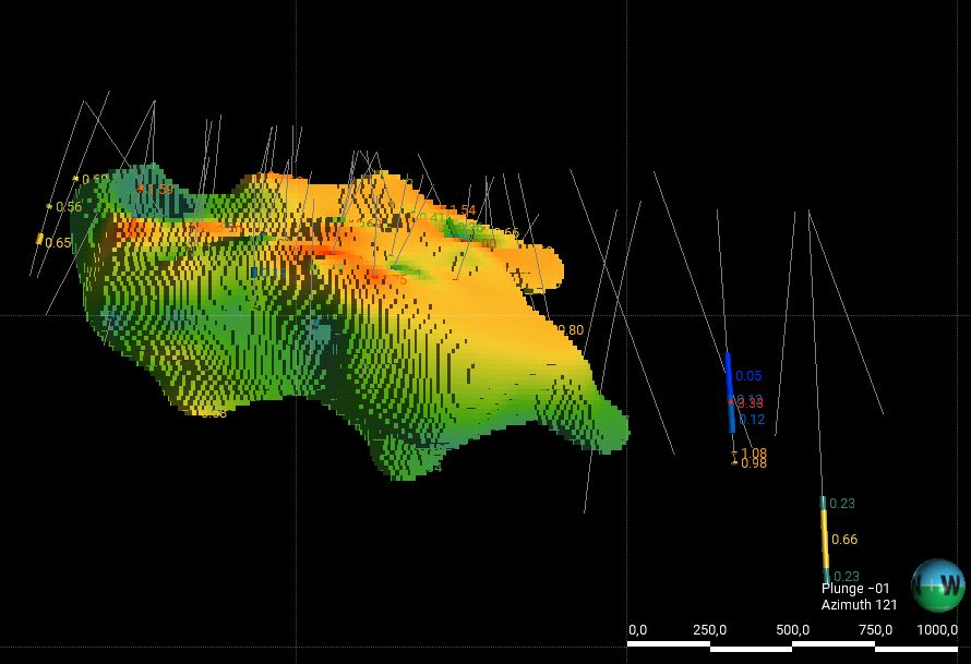 Interactive 3D grade-shell model with drill traces
